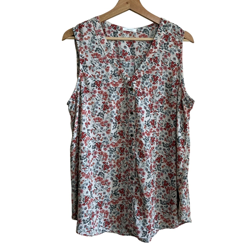 Maurices Floral Button Front Sleeveless Blouse XL White Red Women Polyester